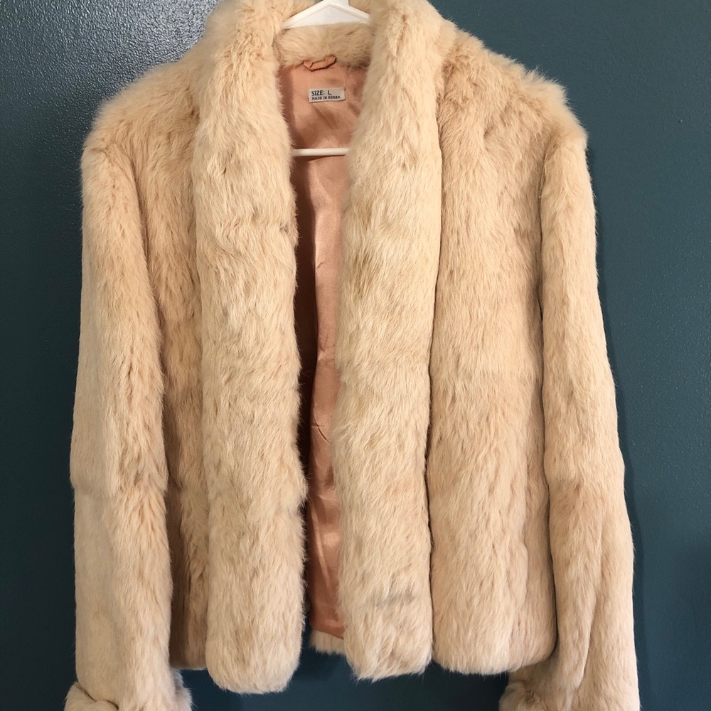 Classic Women's Real Rabbit Fur Jacket - Cream with Pockets